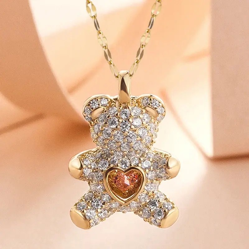 Designer Jewelry Little Bear Necklace for Women Heart Pink Crystal Pendant Animal Necklace Valentines Day Gift for Girl Daughter