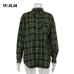 Clacive Fashion Baggy Plaid Women'S Blouse Elegant Lapel Long Sleeve Shirts And Blouses Vintage Pocket Lace-Up Top Female