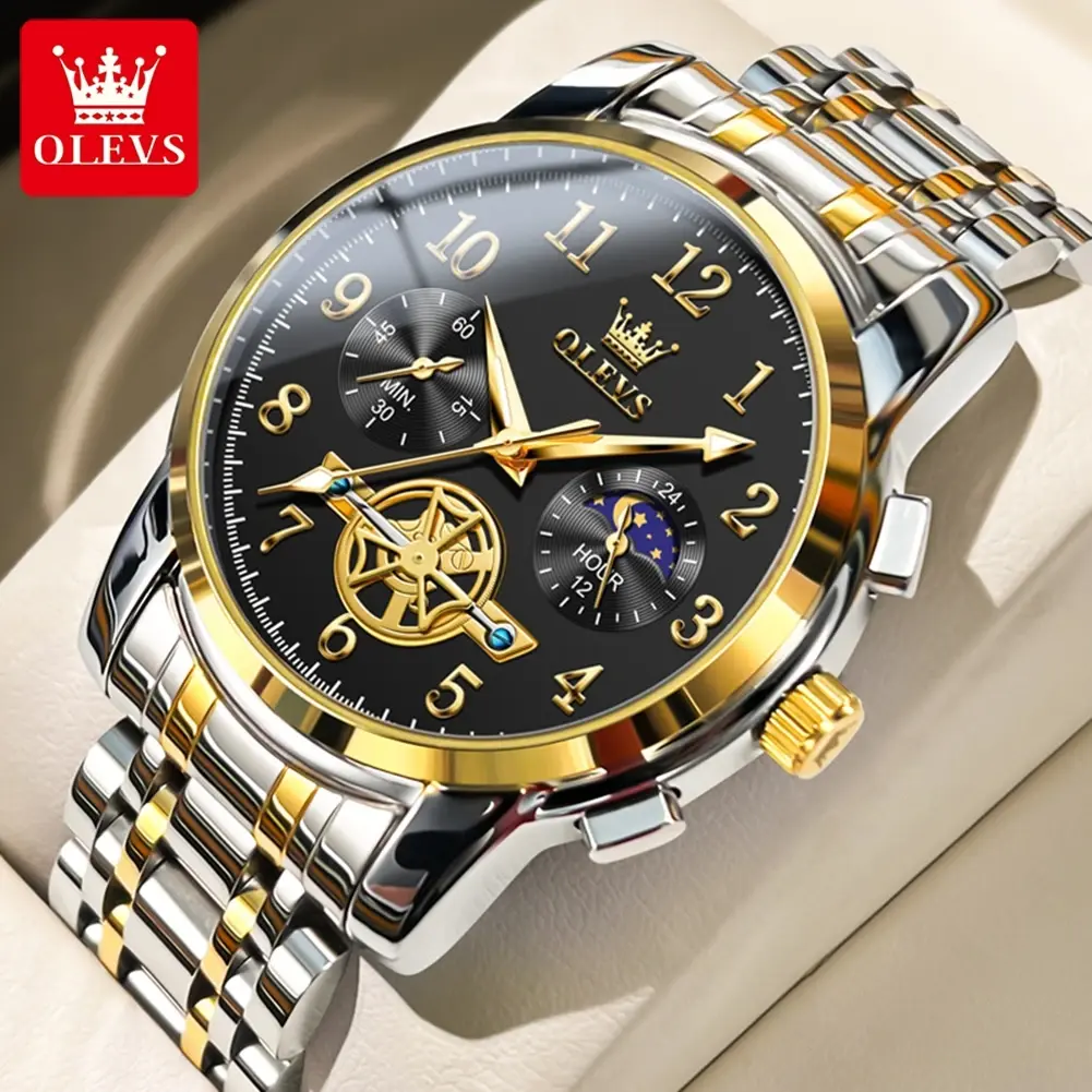OLEVS 2900 Moon Phase Watch Men Stainless Steel Waterpoof Luminous Fashion Skeleton Chronograph Quartz Wrist Watch for Men NEW