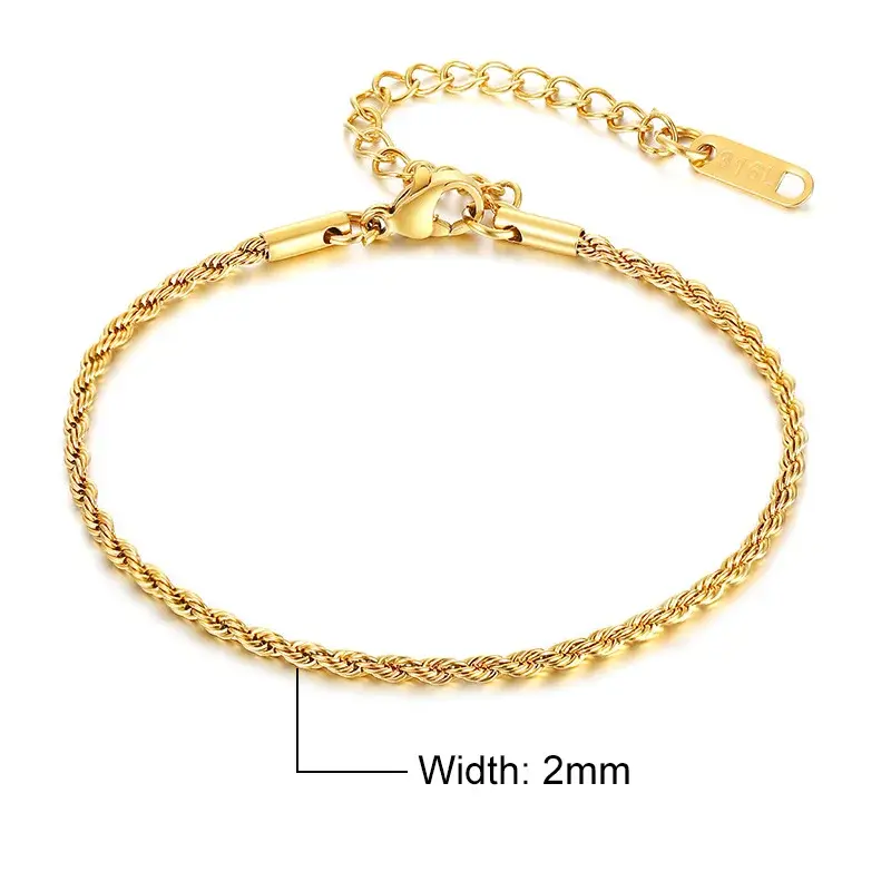 Vnox 2/3/4/5mm Twisted Chain Bracelets for Women Men, Gold Color Stainless Steel Link Chain, Adjustable Minimalist Metal Jewelry