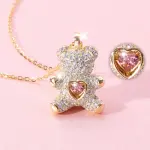 Designer Jewelry Little Bear Necklace for Women Heart Pink Crystal Pendant Animal Necklace Valentines Day Gift for Girl Daughter